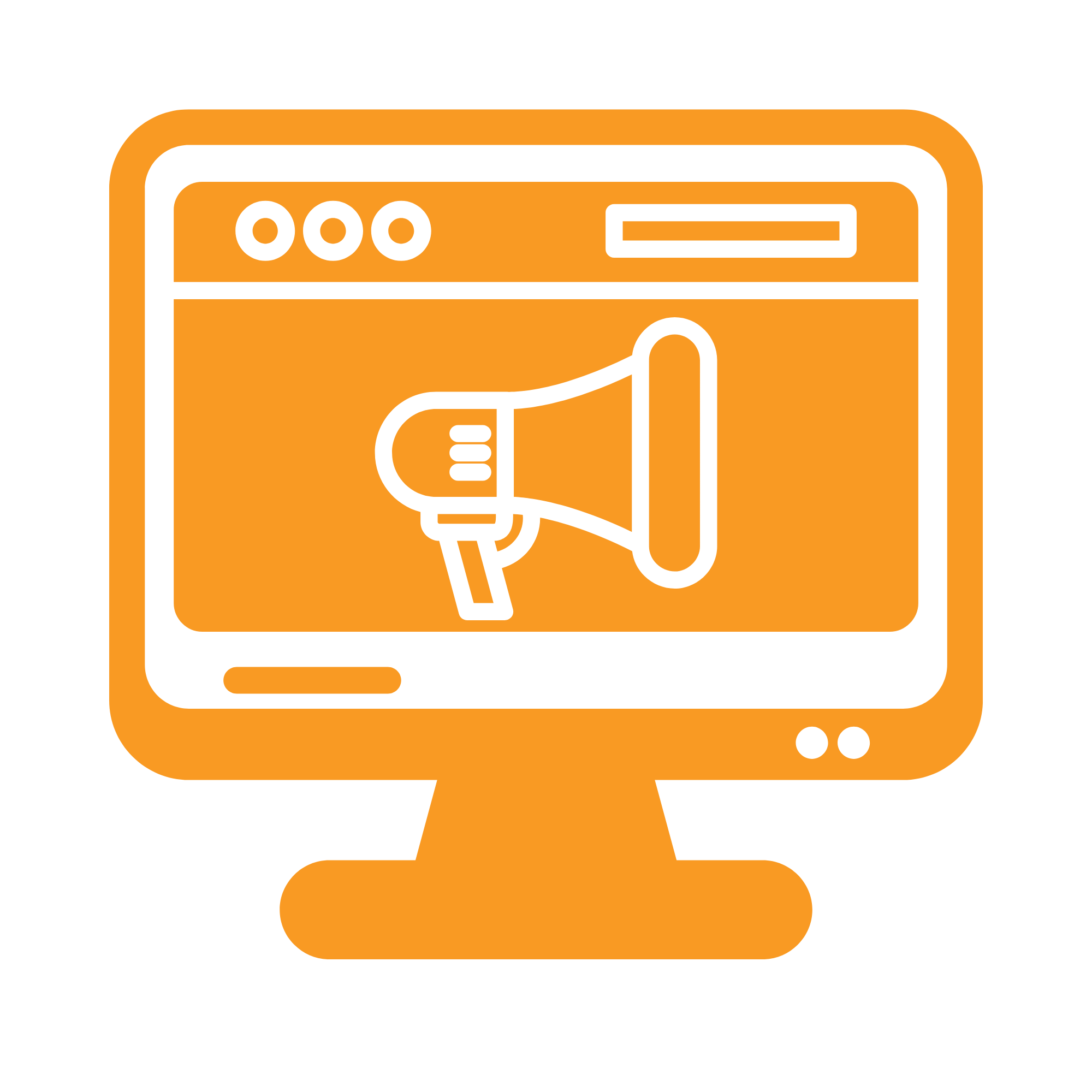 icon showing desktop computer screen with loudspeaker symbol