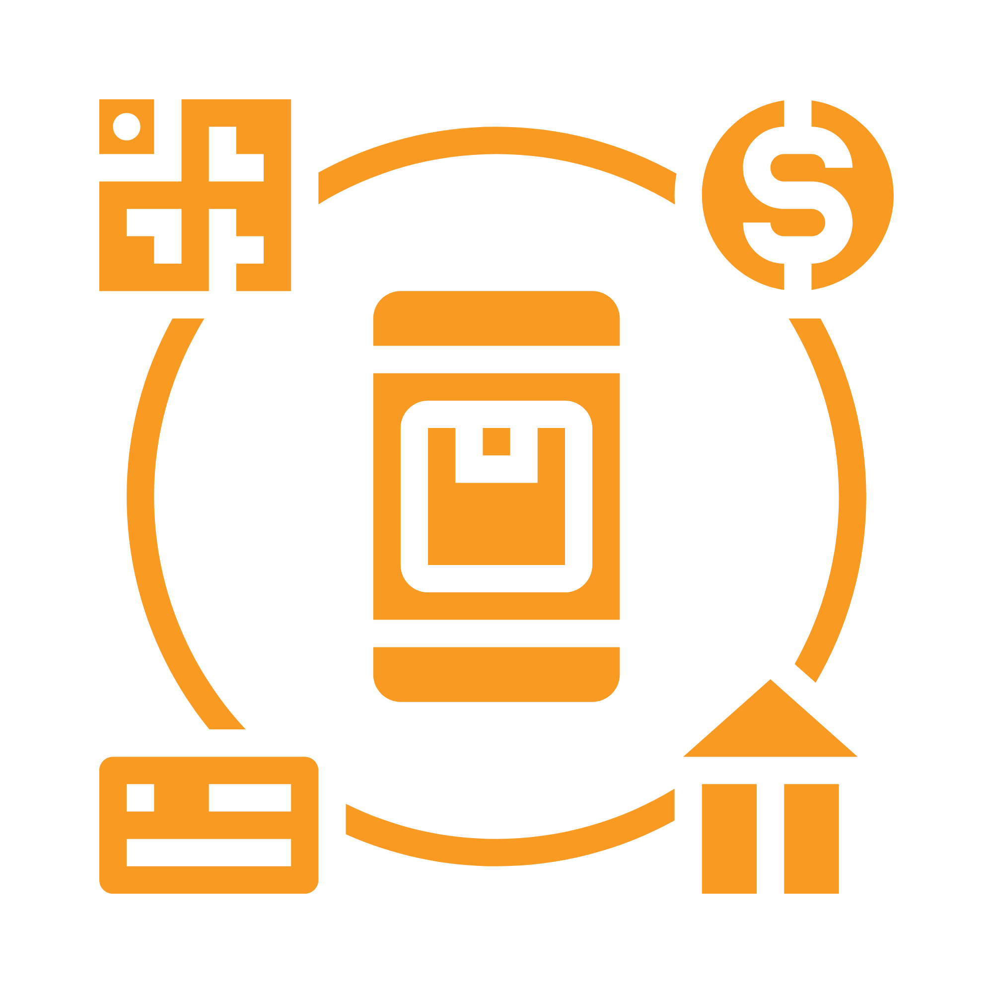 icon showing mobile screen with dollar symbol, credit card symbol, home symbol