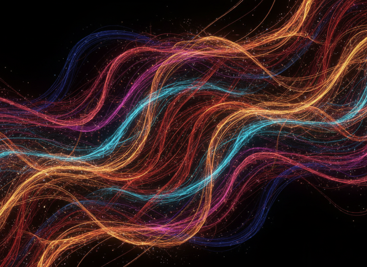 Abstract mesh of waves in bright colors, interlaced, on a black background