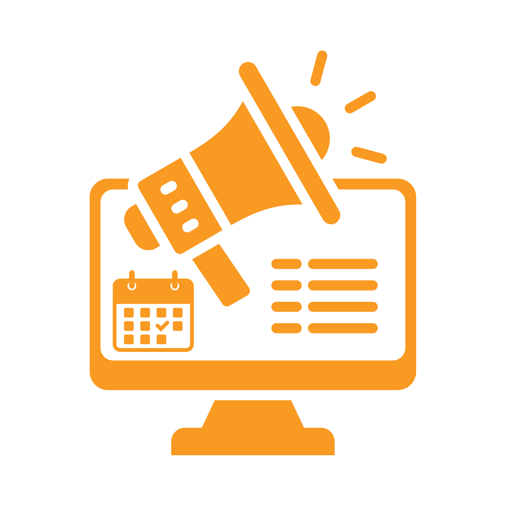 icon showing laptop screen with calendar icon and a loudspeaker icon