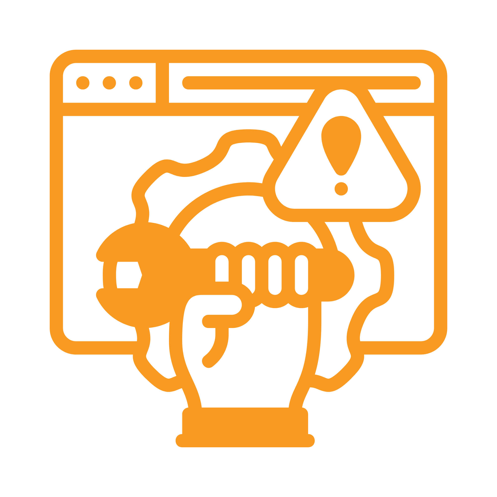 Icon showing computer screen, warning sign, gear, hand holding a spanner