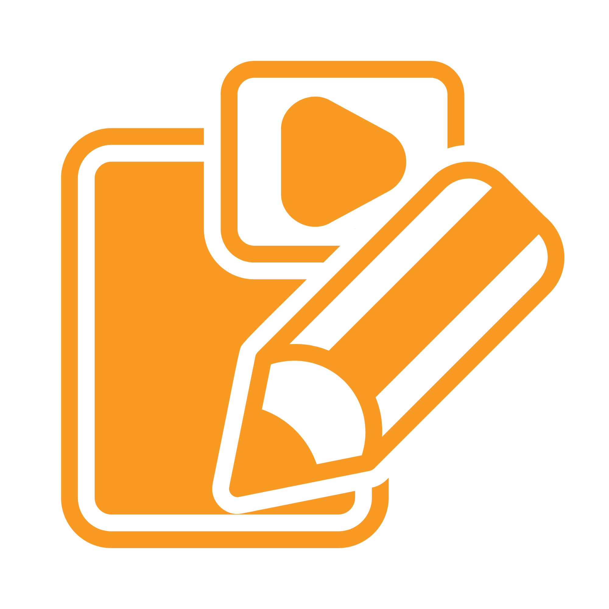 icon showing pencil and play symbol on background of a tablet or mobile screen