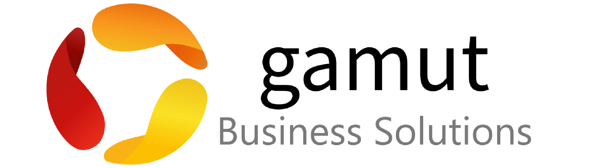 Gamut Business Solutionsl logo of a hollow sphere formed by 3 petal like structures with 3D effect - in yellow, organge and red
